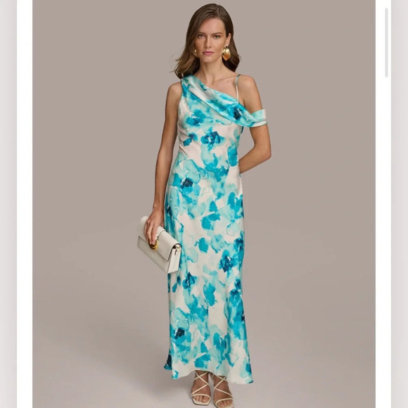 Donna Karan Dresses & Skirts - NWT Donna Karan Women's Blue Abstract Floral Printed One-Shoulder Draped Dress 6